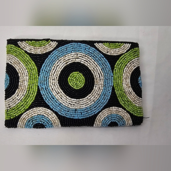 Vintage Handbags - Vintage Beaded Zip Clutch Retro Purse Green & Brown MCM Circle Motif Pouch